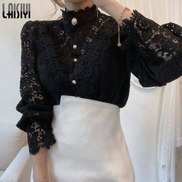 Naisten Paidat Vintage Solid White Pitsipusero Naisten Korean Button Löysä Paita Topit Ontot Kevät Casual Naisten Puserot White M