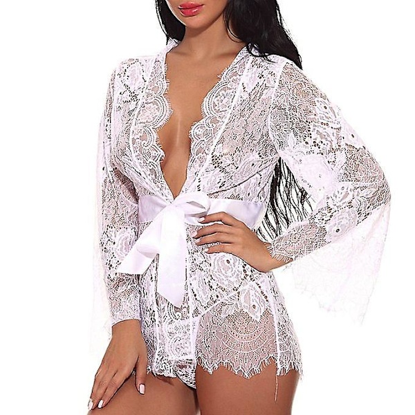 Naisten seksikäs aamutakki Babydoll Lace Alusvaatteet vyö + g-string kylpytakki