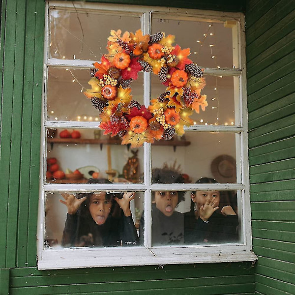Höstkransar Med Led Ljus 40cm Höst Lönnblad Pumpa Bär Garland Konstgjord blomsterkrans Ytterdörr för Halloween Jul Thanksgiving Wall