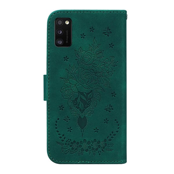 【BQ】Etui til Samsung Galaxy A41 med sommerfugle-rosepræget læder Green