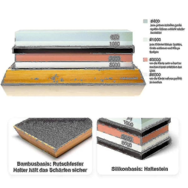 Knivslipstenssats, 4 sidor korn 400/1000 3000/8000 vattensten, halkfri bambubas, plattsten, vinkelguide och läderrem