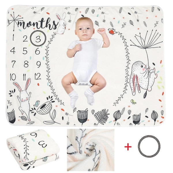 Baby månatlig milstolpe Flanell filt Nyfödd fotomatta fotografi bakgrund Rabbit 75 x 100cm