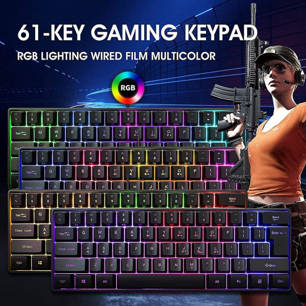 Gaming-tastatur, 61 taster flerfarge Rgb-belyst LED-bakgrunnsbelyst kablet spilltastatur, vanntett black