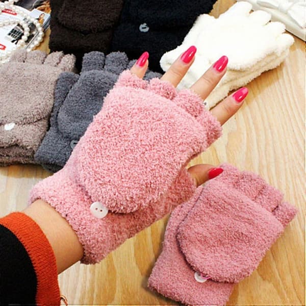 Dame halvfingerhandsker, bløde varme vinterhandsker med fluffy, strækbare flip-handsker Black One Size