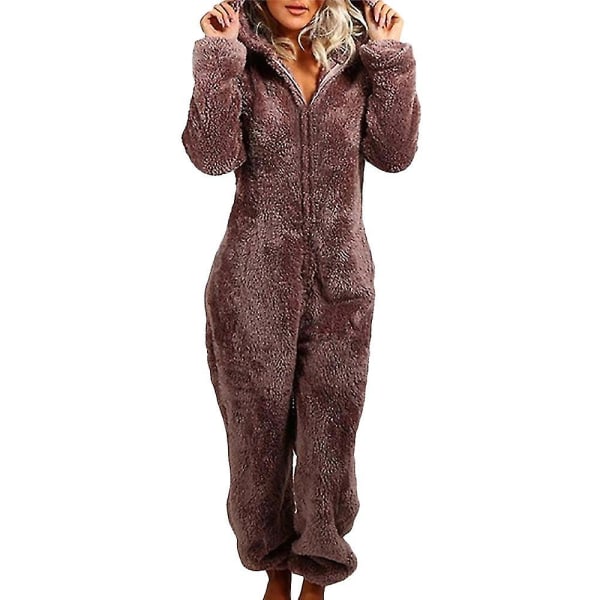 Women Fluffy Fleece Hooded Jumpsuit Coffee S