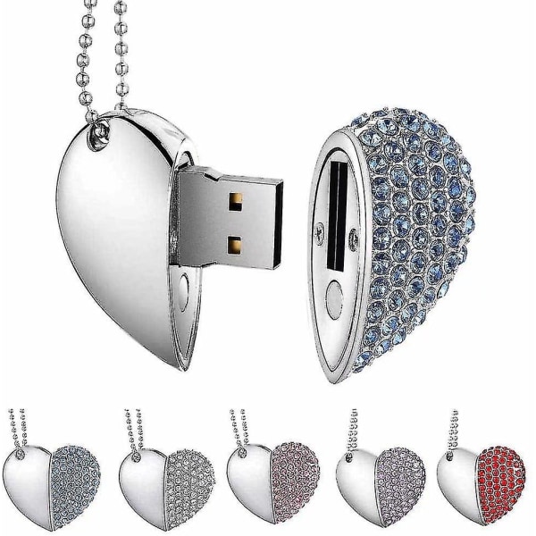 Usb Stick, Premium Usb 3.0, Diamond Heart Shape 32gb USB Flash Drive Vanntett Memory Stick høyhastighetsoverføring, blå