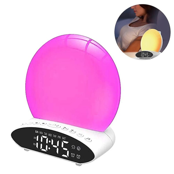 Wake Up Light Sunrise Alarm Clock for Heavy Sleeper, 7 Color Sleep Aid Sound Machine for Kids & Adult, Dobbeltalarmer, Snooze, Fm-radio, Natlys, Seng