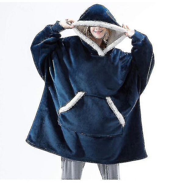 Oversized hoodie filt Bärbar lamm sammet Lazy filt blue