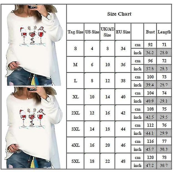 Hhcx-kvinder Juletryk Baggy T-shirt Pullover Xmas Tunika Jumper Top White 4XL