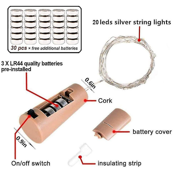 Vinflasklampor, 10-pack med 30 extra batteridrivna, 2m 20 led koppartråd Fairy String Cork Li