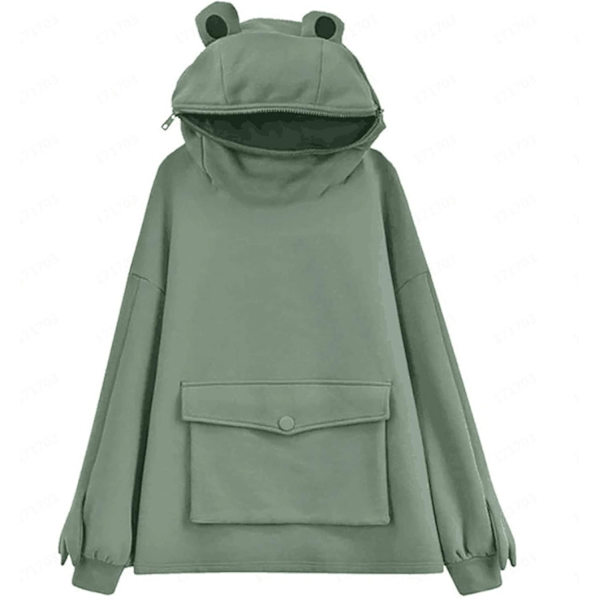Søt frosk hettegenser for kvinner/jenter med glidelås munnhettegenser med stor frontlomme Dark Green Medium