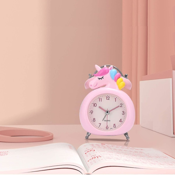 Barnväckarklocka, tyst klocka med nattljus och hög väckarklocka, söt enhörning med dubbelklocka pink