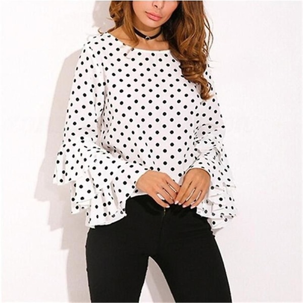 Polka Dot skjorter Vårmote O-hals Langermet bluse Femininas Uformelle svart-hvite topper Skjorte Ny XXXL Svart XXXL Black