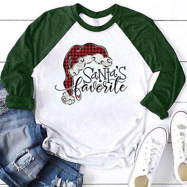 Hhcx-women Christmas Santa Print T-shirt Blouse Basic Top Tee Shirt Green L