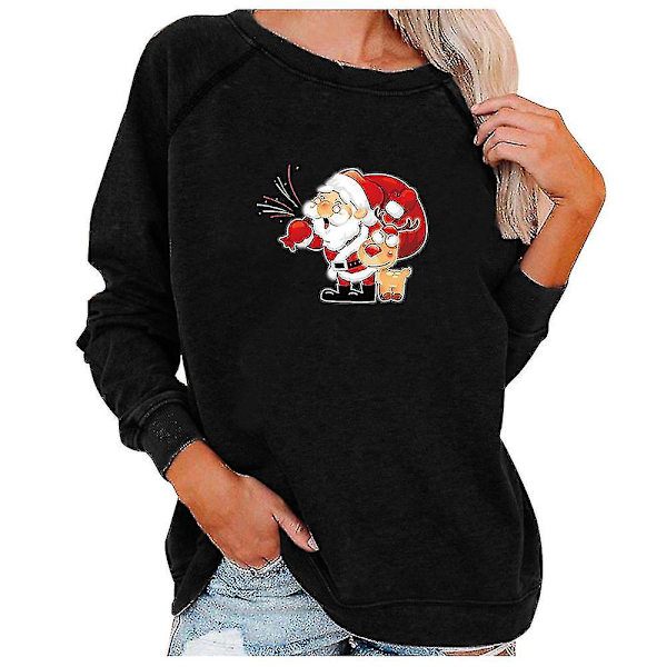 Hhcx-christmas Tunic Women Long Sleeve T-shirt Xmas Santa Print Tops Blouse Black S
