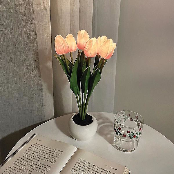 Led Tulip Night Light Simulation Flower Pöytävalaisin Kodinsisustus Tunnelmalamppu Romanttinen ruukkulahja toimistoon/huoneeseen/baariin/kahvilaan Battery 6 Head Pink Tulip