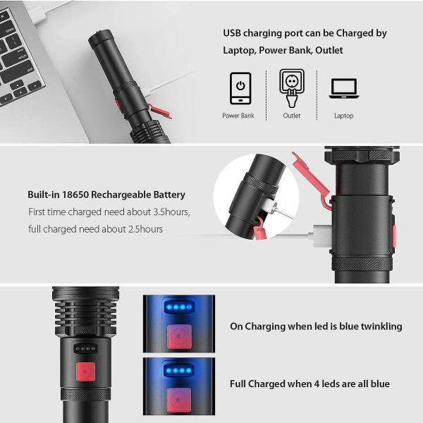 USB -ladattava LED-taskulamppu 3000 lumenia zoomattava taskulamppu Ultratehokas led-taskulamppu taktinen valo