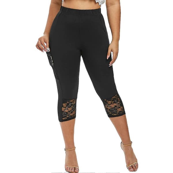 【BQ】Kvinnor Smala Capri Byxor Spets Sömmar Leggings Elastiska Yogabyxor Black L