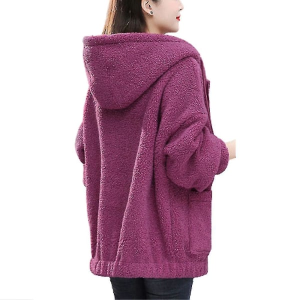 Hhcx-naisten Nalle vetoketjullinen takki Pörröinen takki Talven lämmin huppari Ulkovaatteet Purple Red M