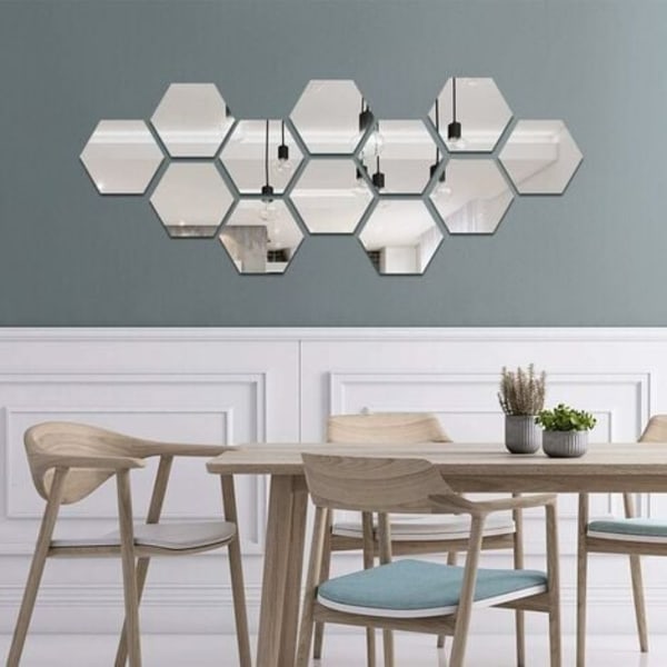 ny stil Mirror Acrylic Adhesive Wall Sticker Wall Mirrors Decals Living Room Bedroom Decor Hexagon 87*100*50mm Silver 12 Pieces