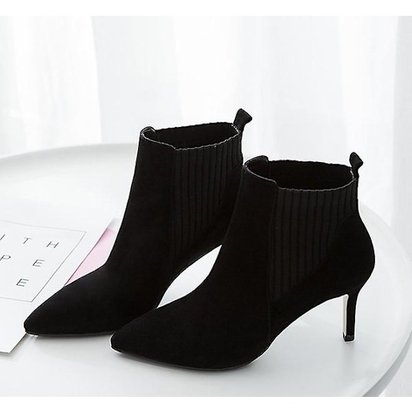 Damstövlar Ankelkorta stövlar flock spetsad tå 7 cm tunna klackar Vinterstövlar Dam Ull Elastisk Slip On Kvinnor Högklackade stövlar 40 svart 40 black