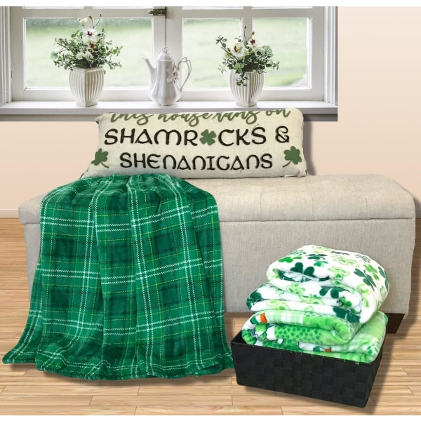 St. Patrick's Day Soft Throw Blanket: Greens Of Ireland Clovers And Shamrocks Design (shamrock Shenanigans) Traditional Plaid 40*30inch