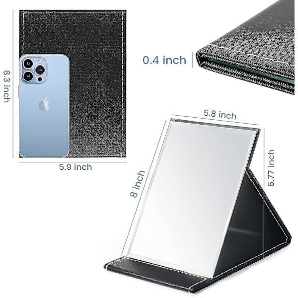 21x15 cm Bärbar hopfällbar spegel, Ultra Hd, Svart Pu Läder Resespegel, Fristående sminkspegel, Skrivbordshopfällbar spegel white