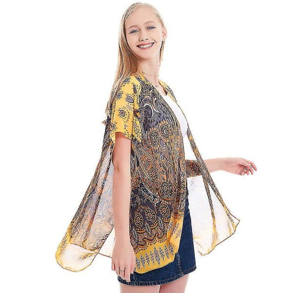 Kvinder Boho Chiffion tørklæde tørklæder Soft Wrap Sjal Stole Kortærmet Bluse Top Yellow