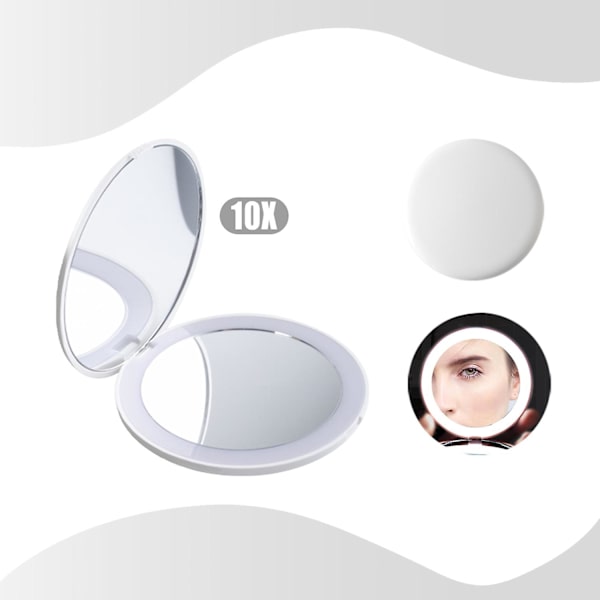 Led valaistu matkameikkipeili 1x/10x suurennus Daylight Led kompakti ja kannettava iso 5" leveä valaistu taitettava peili White