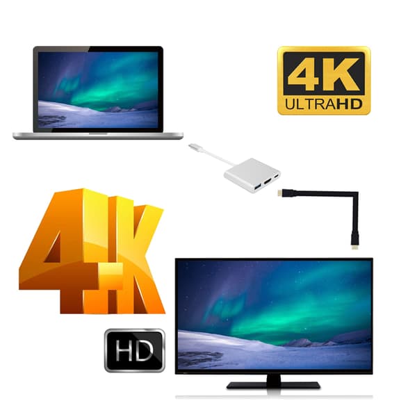 Type C til HDMI-adapter 3 i 1 Bærbar Multifunksjonell Metallskall Sølv