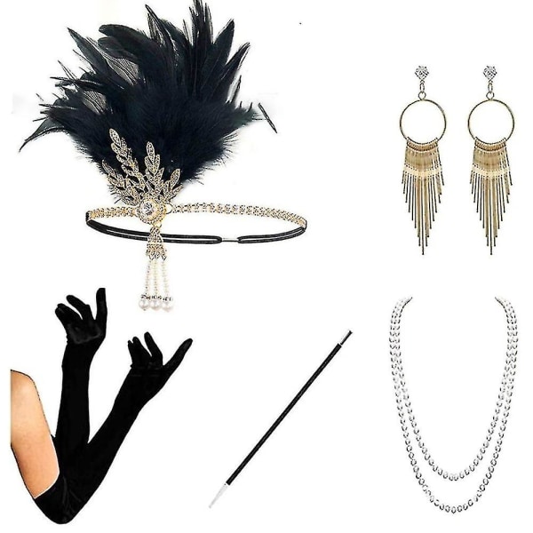 1920-luvun set, läppäpääpanta, korvakorut, helmikaulakoru, hanskat, tyyli 2 Style 2