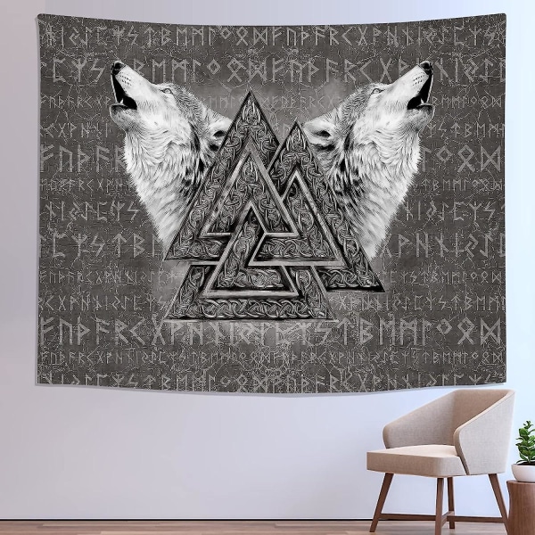Vikingtapet Valknut Veggkunst Ulv Totem Rune Veggoppheng Nordic Viking Runes Vegghåndkle Svart Hvit Estetisk dekorasjon Personlig billedvev La