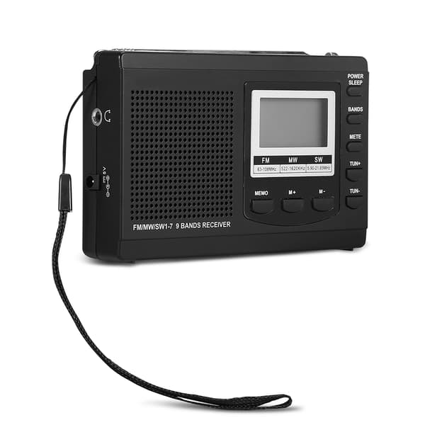 Bærbar miniradio med digital vækkeur - sort