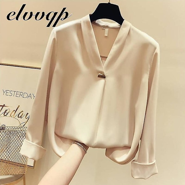 Höst Kvinnor 2023 Mode Blusar Solid Plus Size Damkläder Lös skjorta Långärmad V-ringad blus Enkel Ol Feminin Khaki M
