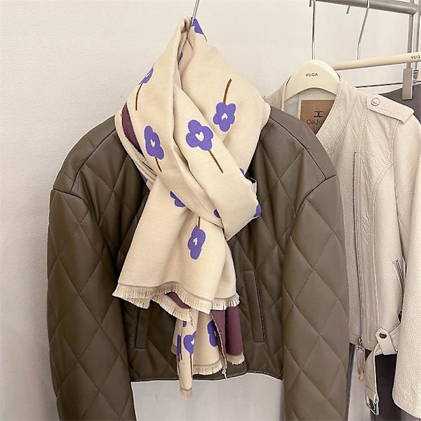 Imiterad kashmirscarf kvinnor färgmatchande blommor mode vinterscarf höst och vinter ny koreansk matchande sjal Beige 65x180