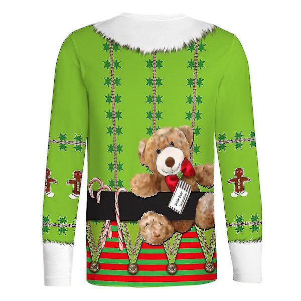 Hhcx-christmas Men Long Sleeve Pizza Elf Tuxedo Print T-shirt Xmas Novelty Top Light Green M