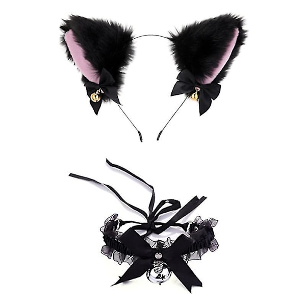 Kattöron Pannband Furry Cat Ears Hårbåge med rosett Bell Spets Choker Halsband Svart bell pannband Black bell headband