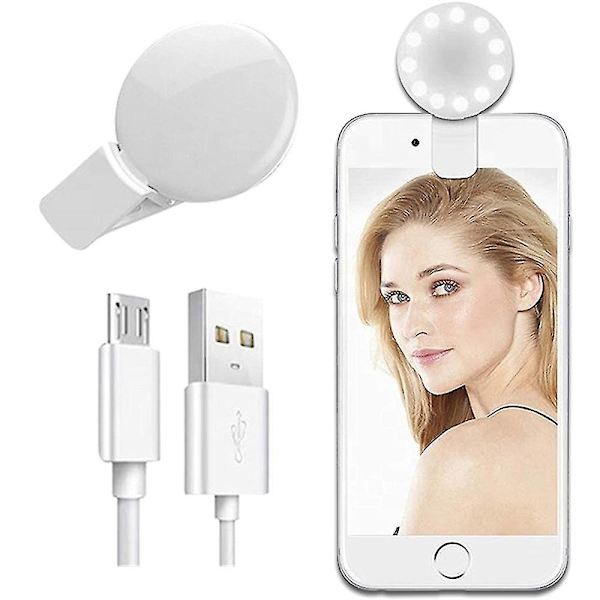 Selfie Clip On Ring Light, Mini Genopladelig Justerbar Lysstyrke