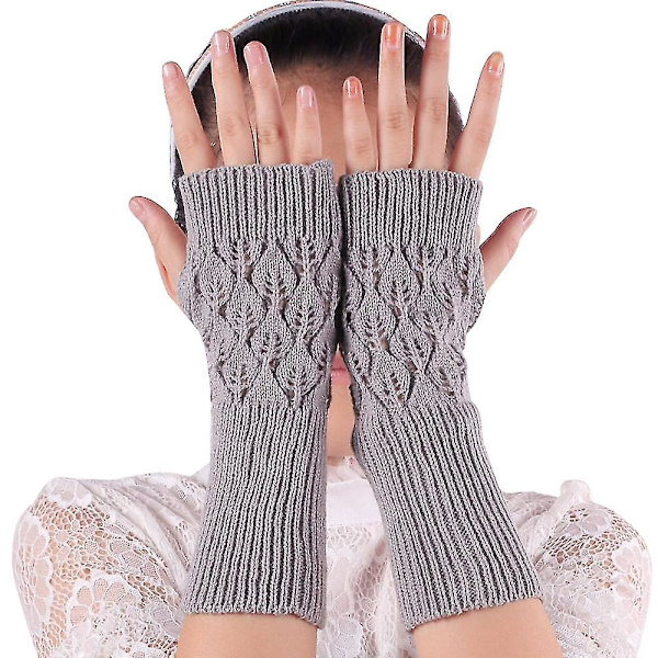 Kvinders lange håndbroderede handsker strikket varm til vinteren Fingerløs sort Light Gray