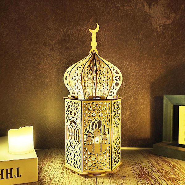 Træ Ramadan Eid Mubarak dekorationer til hjemmet Moon Led stearinlys Lysstørrelse: Gul