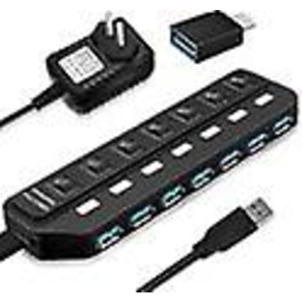 USB Hub Powered, USB 3.0 Hub 7 Ports High Speed ​​Data Hub USB Splitter med individuella switchar, power och USB typ C-adapter Stöd Windows/m