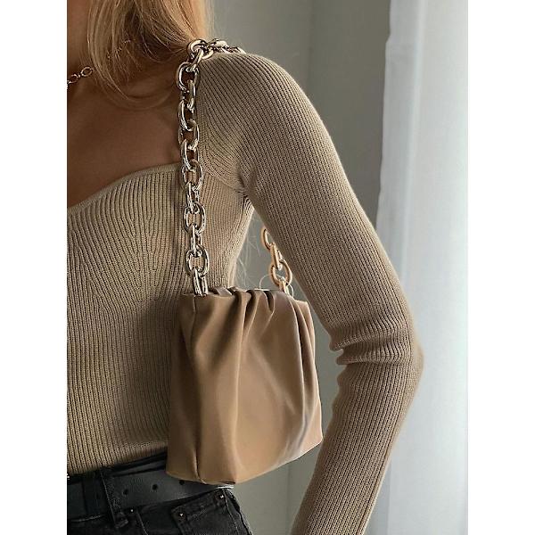 Snygg Chic Beige Stickad Cropped Blusar Dammode Sexiga Fyrkantiga skjortor med krage Flickor Streetwear Casual Toppar M M