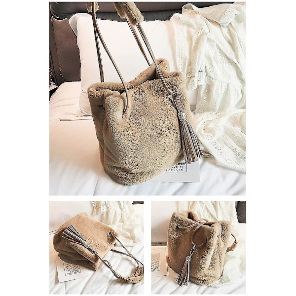 Kvinner Høst Vinter imitert pels skulderveske Plysj håndveske Fluffy Bucket Bag Dusk Crossbody Bag Gray