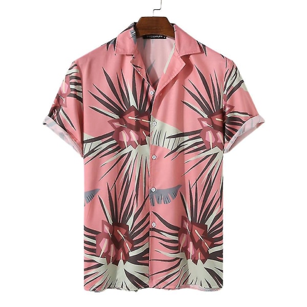 Men Hawaii Boho Summer Outfit Short Sleeve Shirt Shorts Set Holiday Beach Pink 2XL