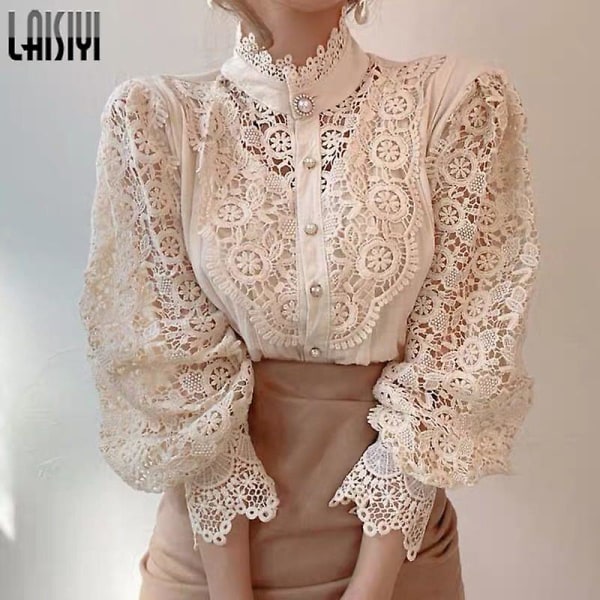 Naisten Paidat Vintage Solid White Pitsipusero Naisten Korean Button Löysä Paita Topit Ontot Kevät Casual Naisten Puserot Apricot XXXL