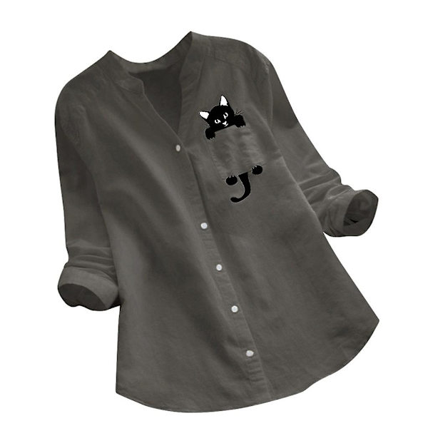 Damskjorta Printed ficka bomull Linne blus V-hals Casual långärmad skjorta Button Down Top Kläder Gray L