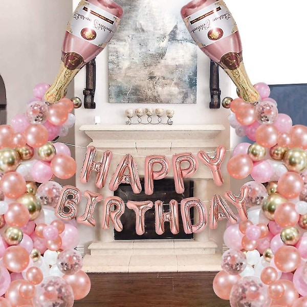 Festballoner-rosaguld Champagneflaskeballonguirlandebuesæt, rosaguld Tillykke med fødselsdagen Bannerballoner til fødselsdagsfestdekoration