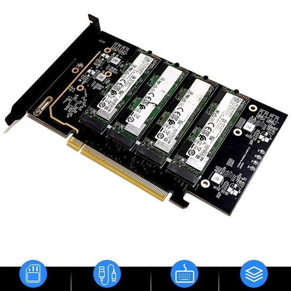 M.2 Nvme To Pcie 4.0 X16 Adapter Card, Stöder 4 Nvme M.2 2280, Stöder Bifurcation Raid black