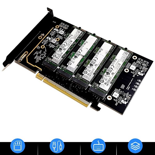 M.2 Nvme To Pcie 4.0 X16 -sovitinkortti, tukee 4 Nvme M.2 2280:ta, tukee Bifurcation Raidia black
