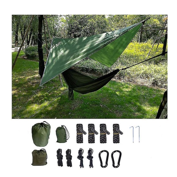 Camping Mesh Hängmatta Canopy Hängande Dubbel Hängmatta Med Myggnät Och Regn Flugpresenning Army Green